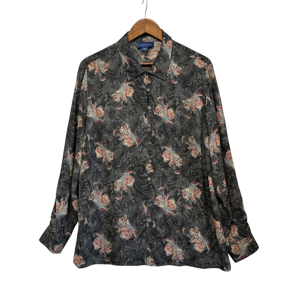 Plus Size 18W 100% Silk Button Up Tunic Top Sheer Paisley  Long Sleeve Office